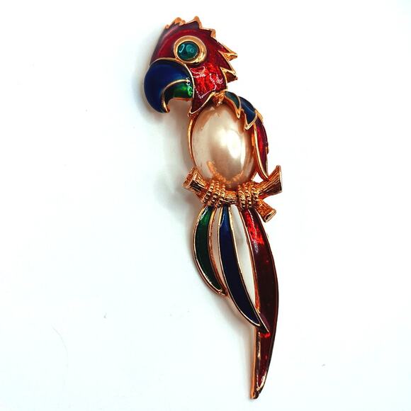 Vintage Large Parrot Brooch Faux Pearl Jelly Belly Unsigned - Picture 1 of 5
